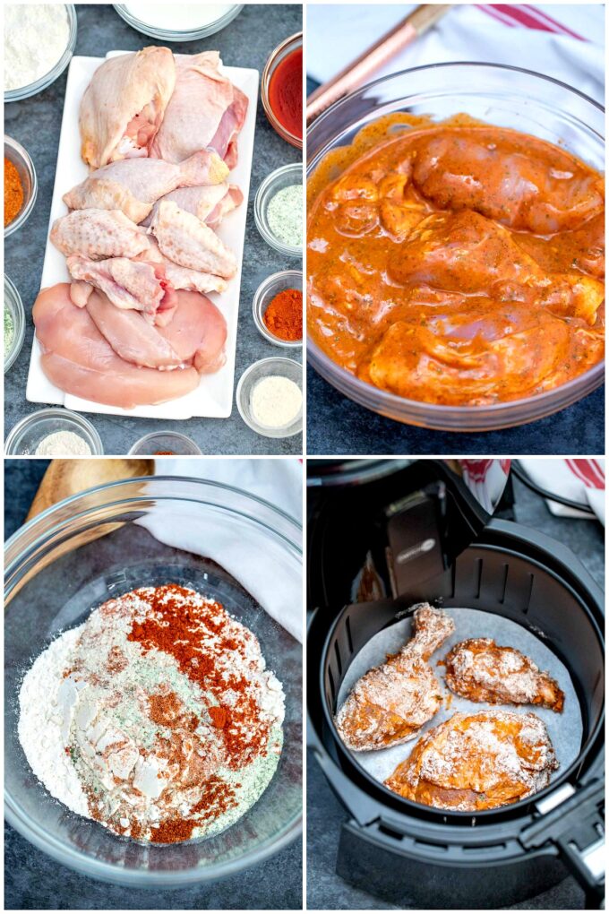 Ingredients and step by step process of making air fryer fried chicken