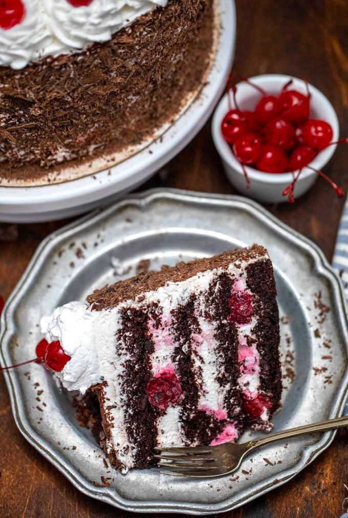 image of black forest cake slice on a plate