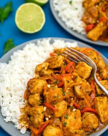 image of coconut curry chicken on plate with rice