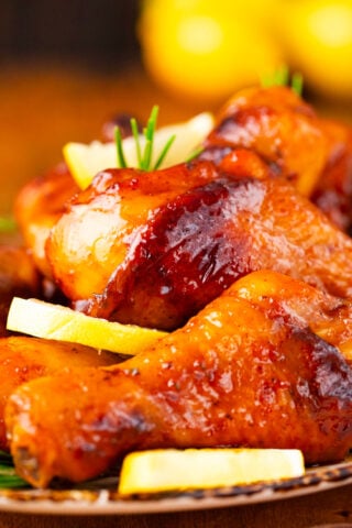 Crispy baked honey lemon chicken legs.