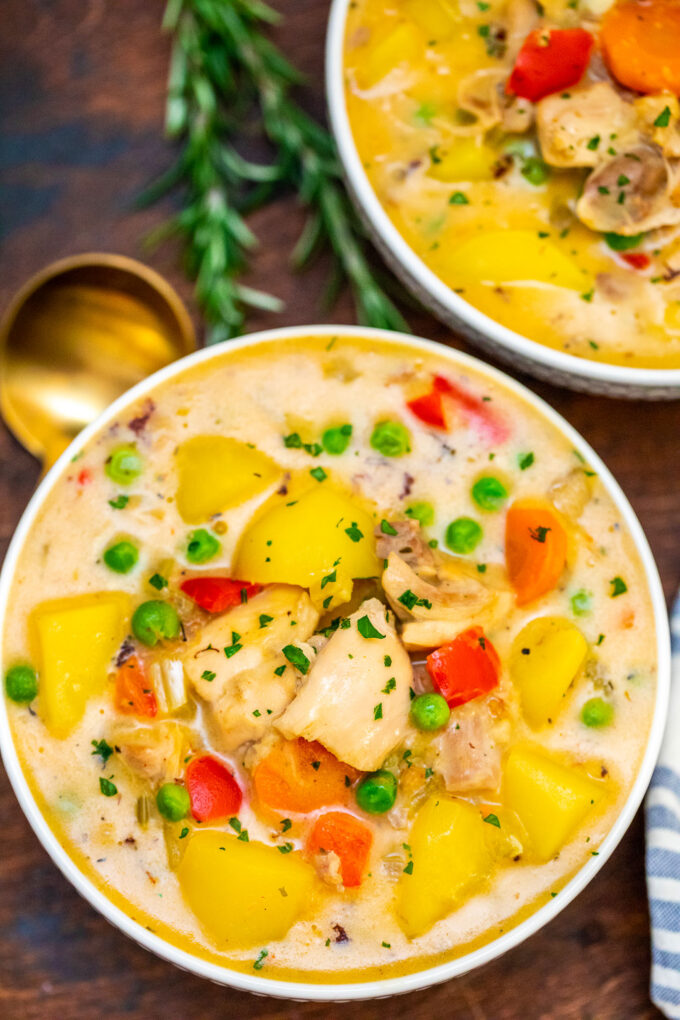 A bowl of creamy one pot chicken stew.