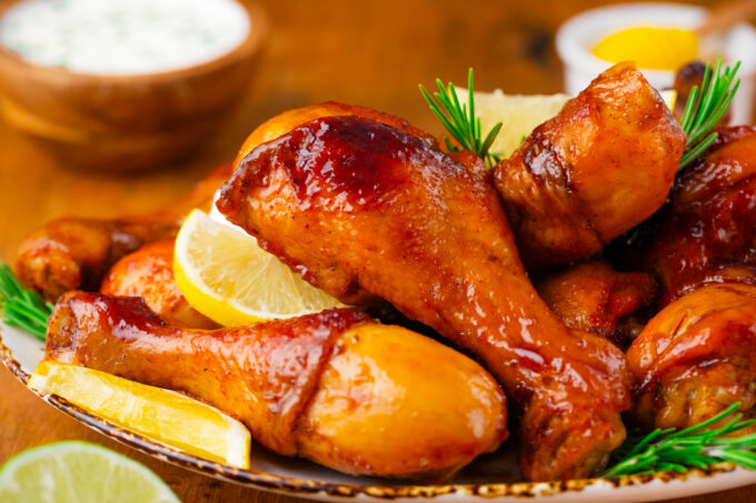 Crispy baked honey lemon chicken drumsticks.