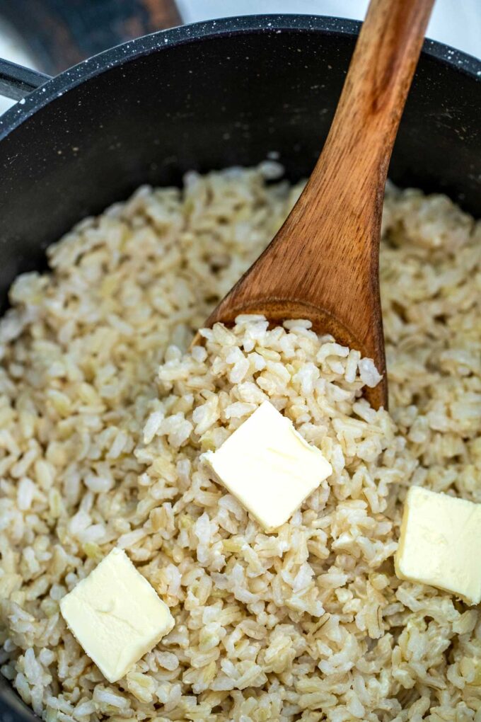 image of brown rice in the pot with butter