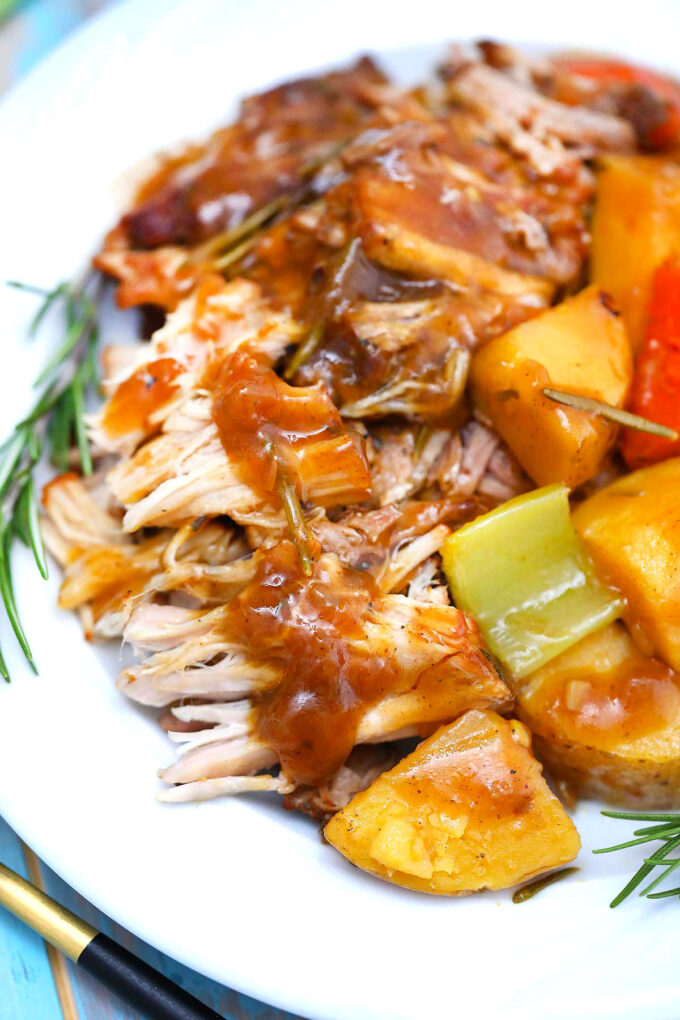 image of shredded pork and veggies cooked in the pressure cooker