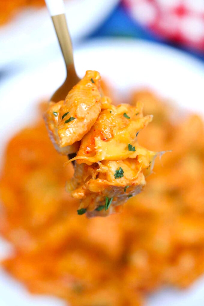 photo of buffalo chicken pasta on a fork