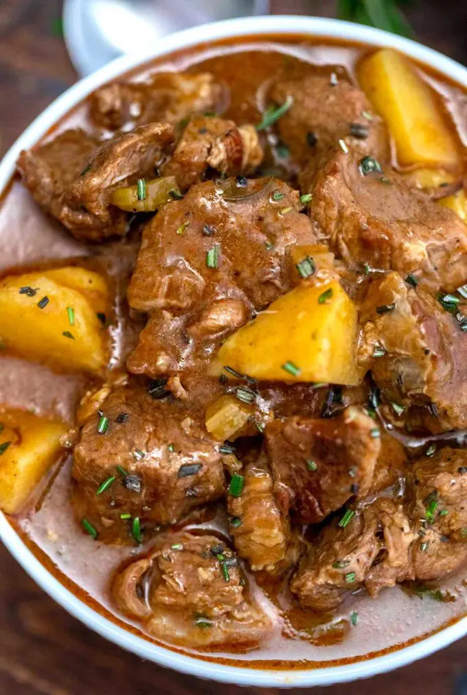 photo of instant pot guinness beef stew overhead