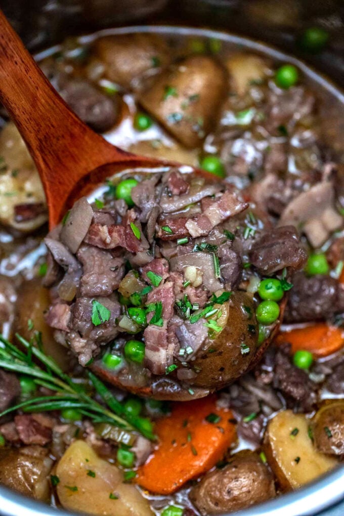 a ladle of instant pot lamb stew