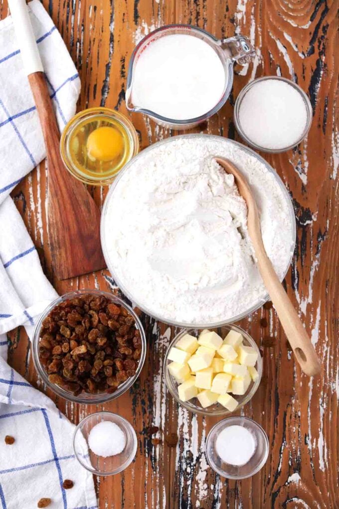 irish soda bread ingredients in bowls on a table