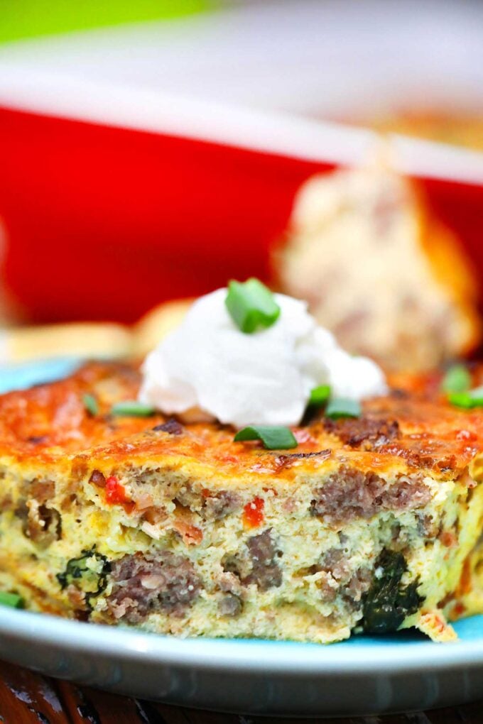 A slice of healthy sausage breakfast casserole on a plate. 