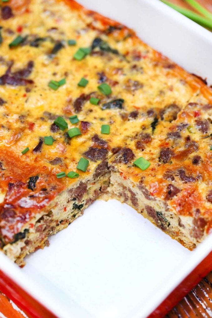 egg casserole with sausage in a baking dish. 