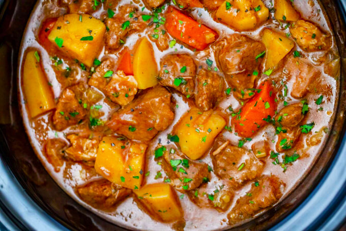 Guinness beef stew in the slow cooker.