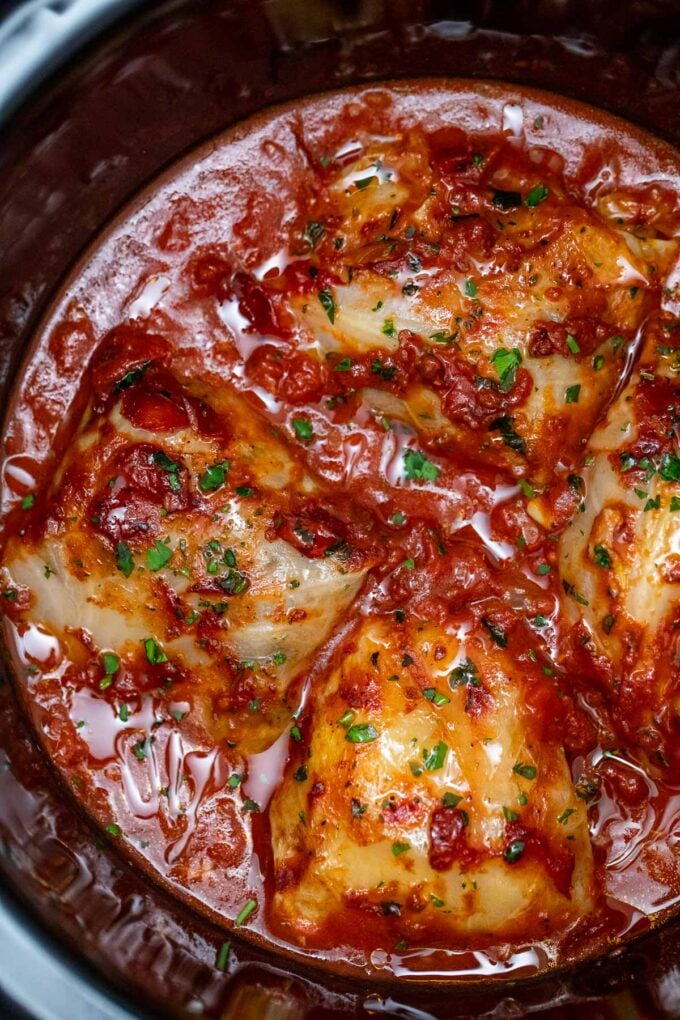 photo of slow cooker stuffed cabbage rolls in the slow cooker