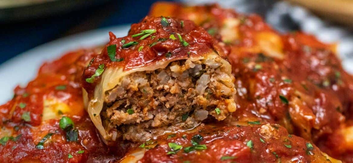 photo of slow cooker stuffed cabbage rolls with mashed potatoes