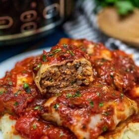 photo of slow cooker stuffed cabbage rolls with mashed potatoes