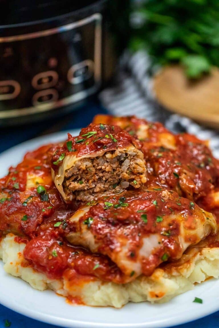 photo of slow cooker stuffed cabbage rolls with mashed potatoes