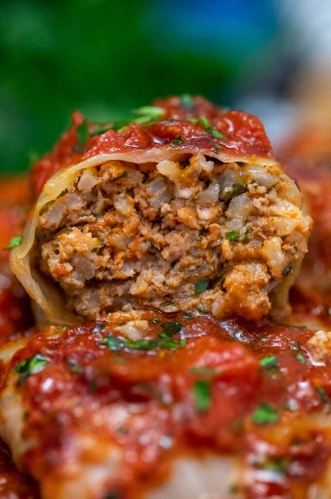 photo of slow cooker stuffed cabbage rolls sliced