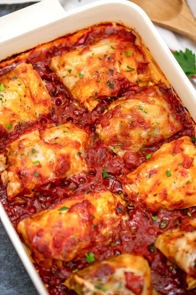 baked stuffed cabbage rolls in a casserole dish