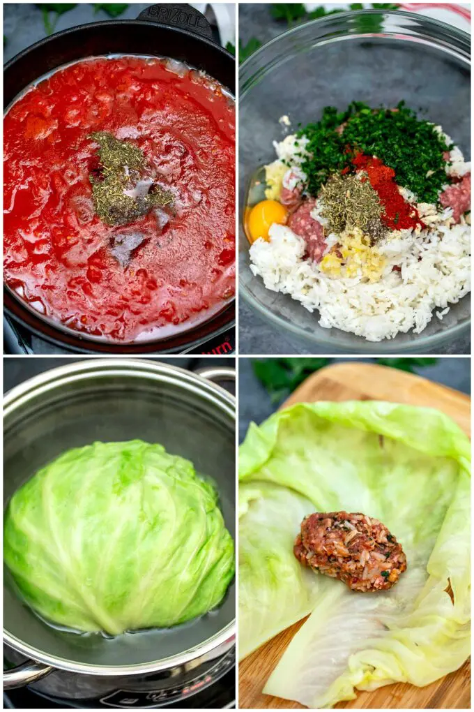 collage of ingredients and steps how to make stuffed cabbage rolls