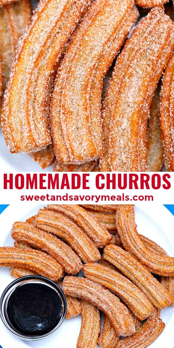 photo collage for Pinterest of churros and text overlay that reads homemade churros
