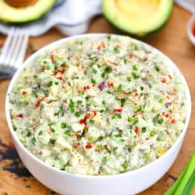 Image of bowl with avocado egg salad.