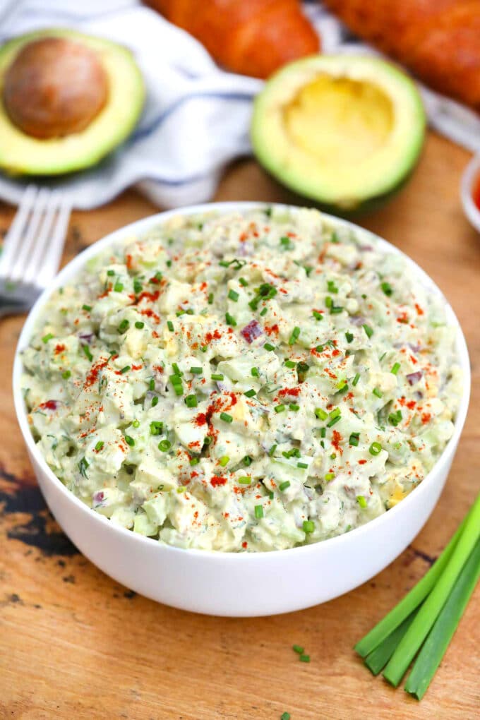 Image of bowl with avocado egg salad.