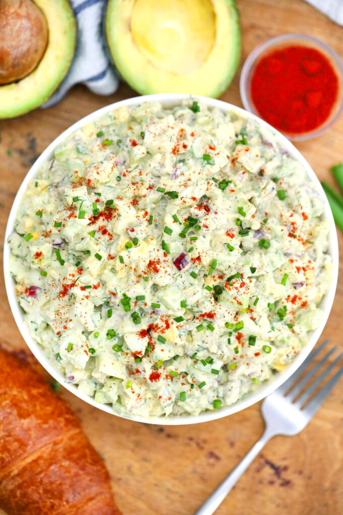 Image of avocado egg salad with mayo and paprika.