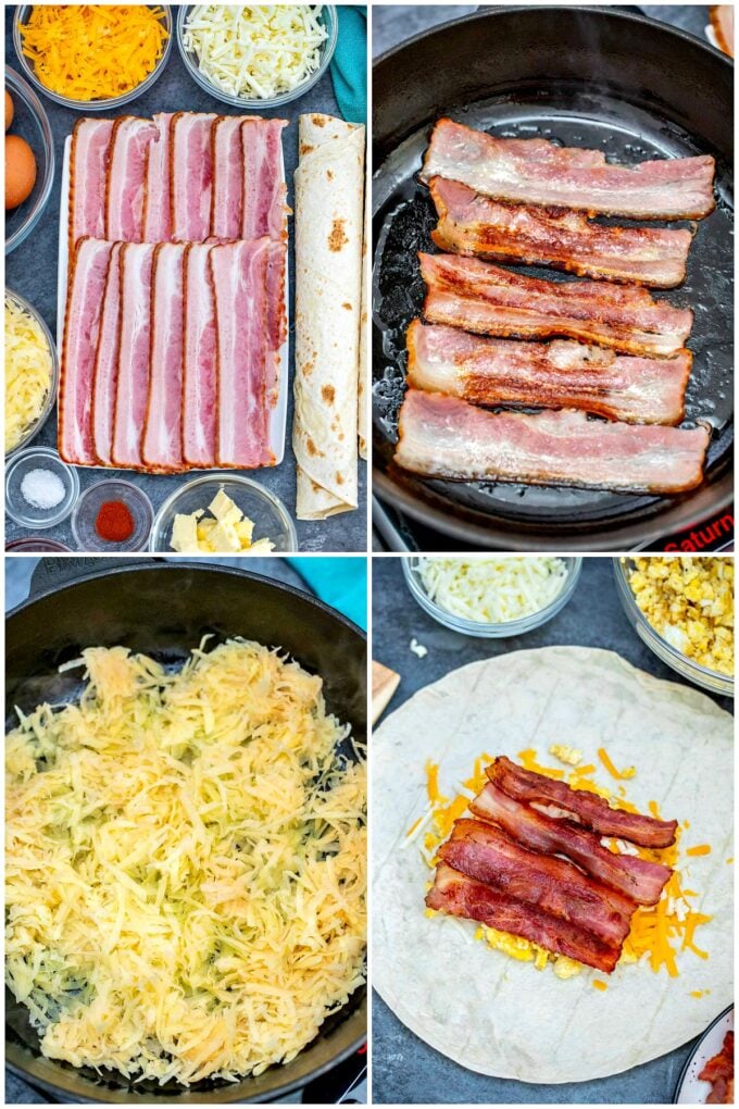 photo of frying bacon and hashbrowns
