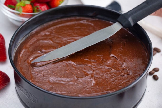 Flourless chocolate cake batter in a springform pan.