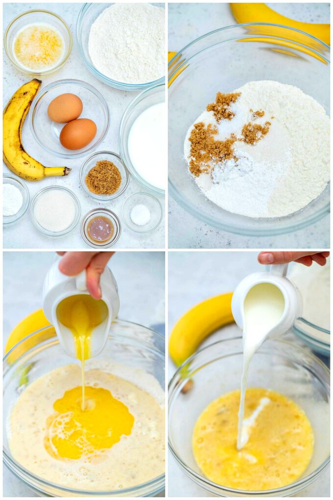 photo of ingredients and steps how to make banana pancakes from scratch
