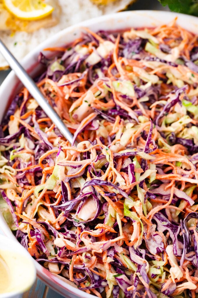 A bowl of homemade coleslaw.