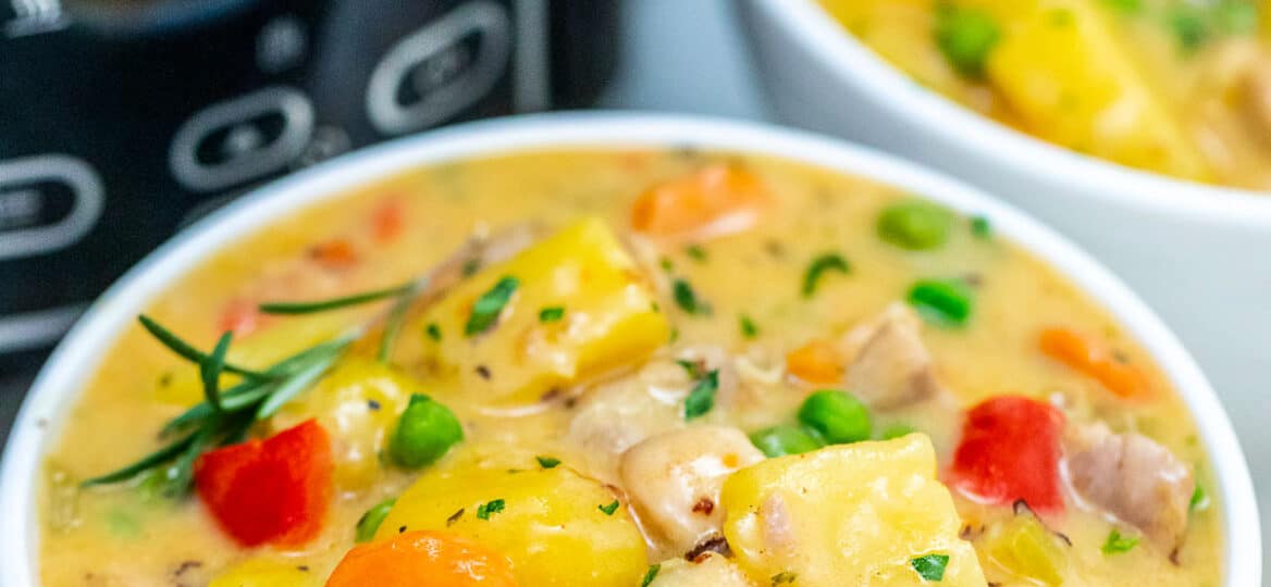 photo of slow cooker chicken stew in a bowl