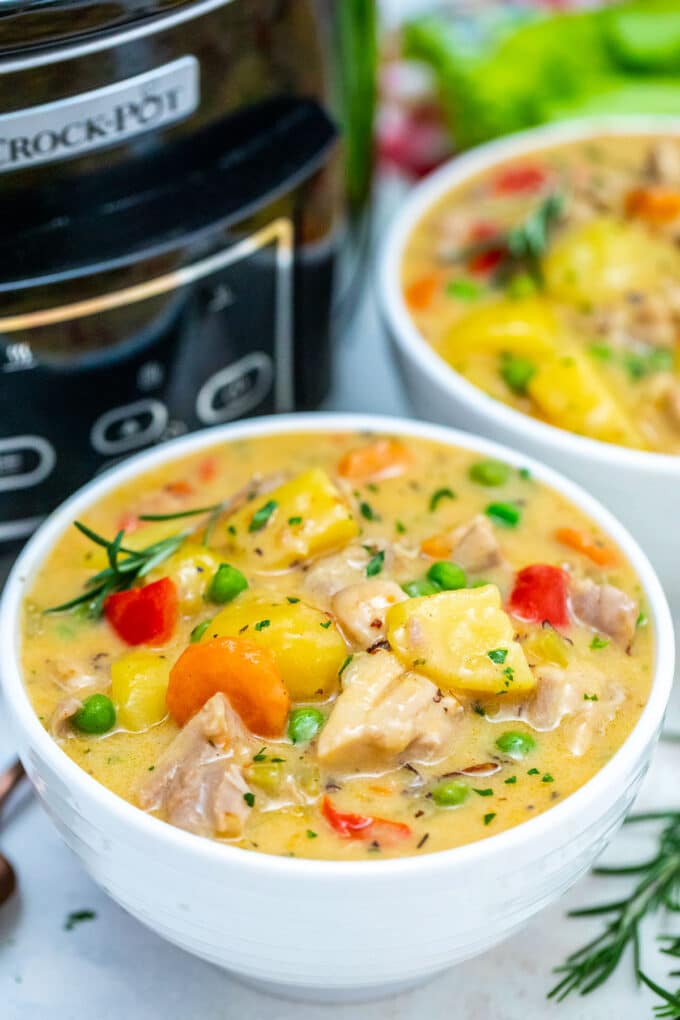 photo of slow cooker chicken stew in a bowl