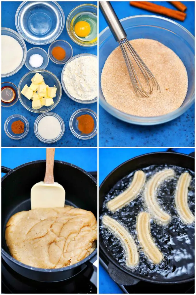 photo collage of steps how to make churro dough and frying churros