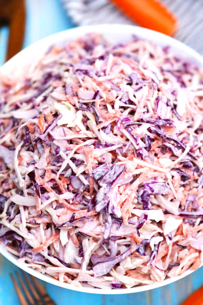 image of coleslaw with green and purple cabbage