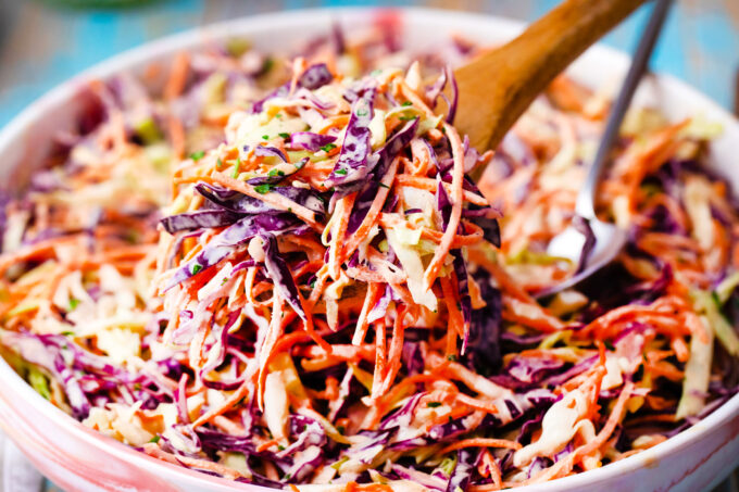 Green and purple cabbage coleslaw.