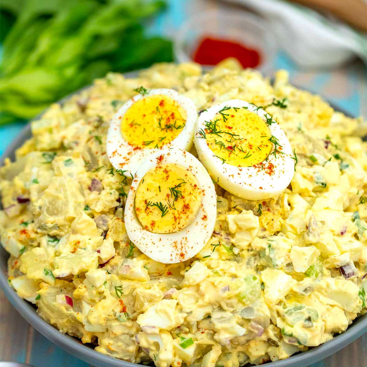 Deviled Egg Salad with Bacon and Tomtaoes