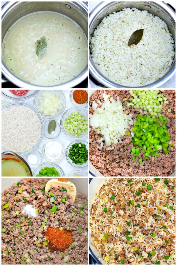 image of ingredients and steps to make dirty rice