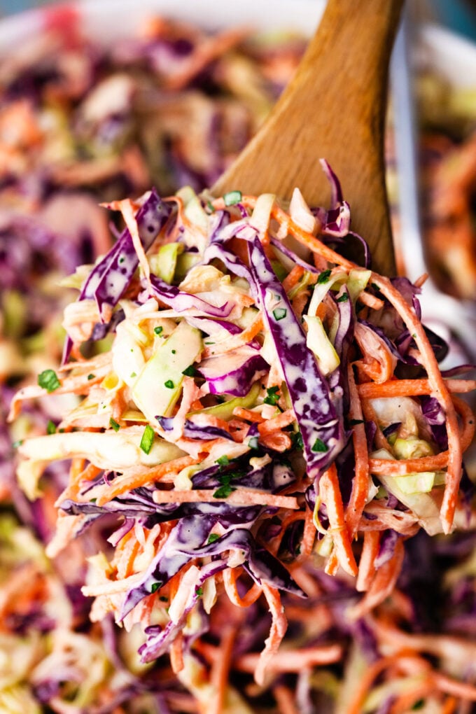 A spoonful of coleslaw salad.