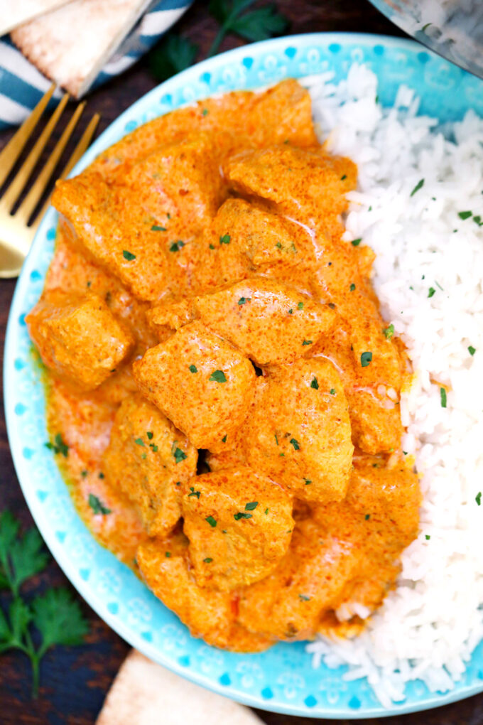 image of homemade butter chicken with rice