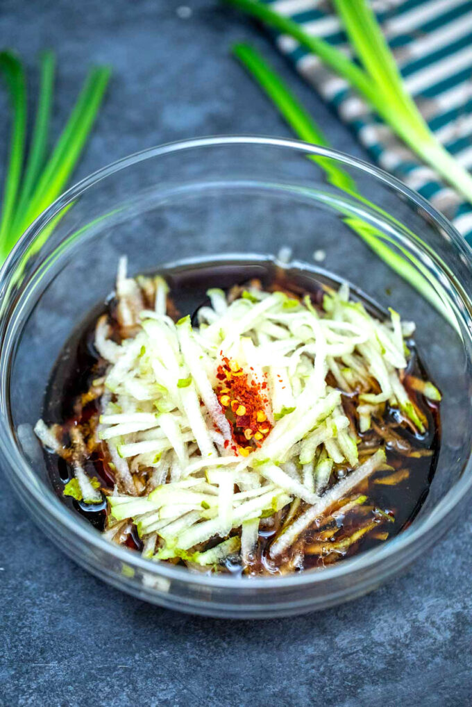 Korean bbq beef Marinade ingredients in a glass bowl.