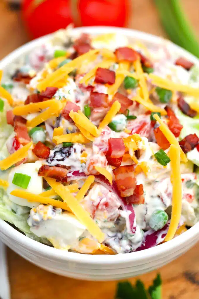 Image of seven layer salad with bacon.
