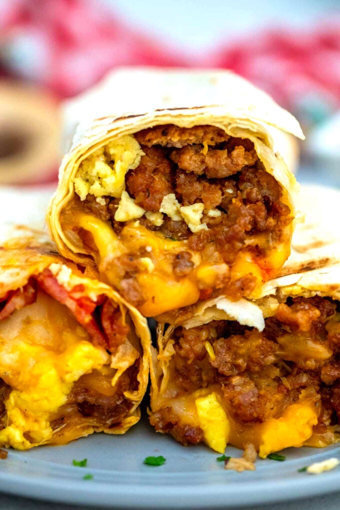 Image of sausage egg and cheese breakfast burrito.