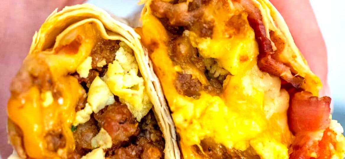 Image of sausage egg and cheese breakfast burrito recipe.