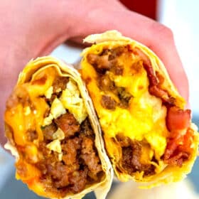 Image of sausage egg and cheese breakfast burrito recipe.