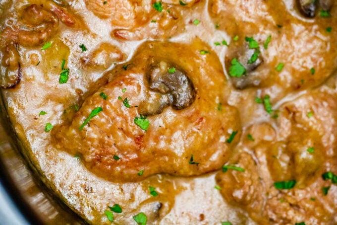 Macro shot of tender slow cooker Swiss steak in mushroom gravy.