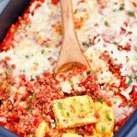 image of slow cooker lazy lasagna made with ravioli