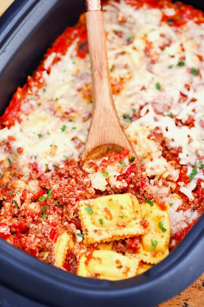 image of slow cooker lazy lasagna made with ravioli