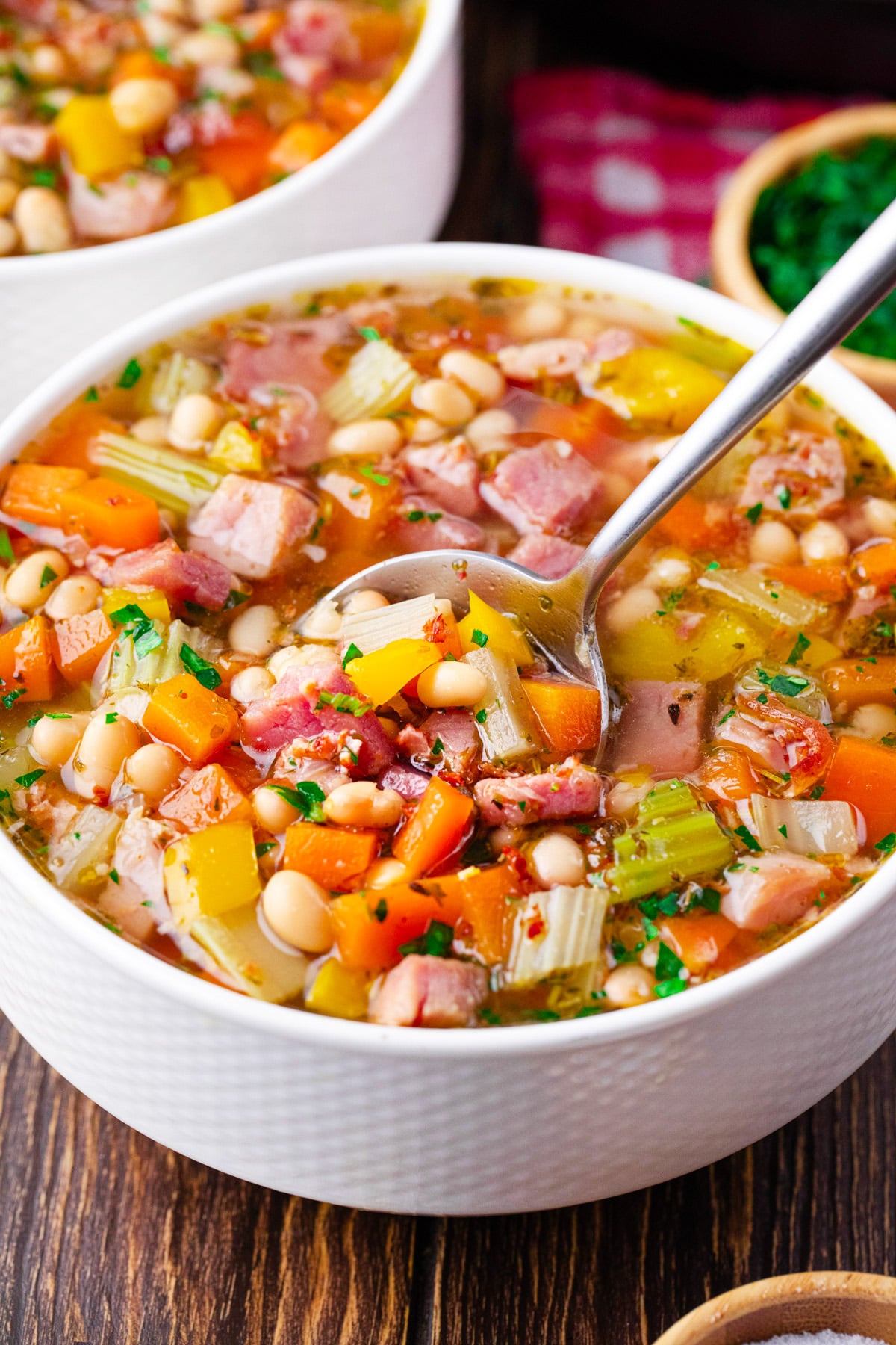 Veggie loaded Instant Pot ham and bean soup.