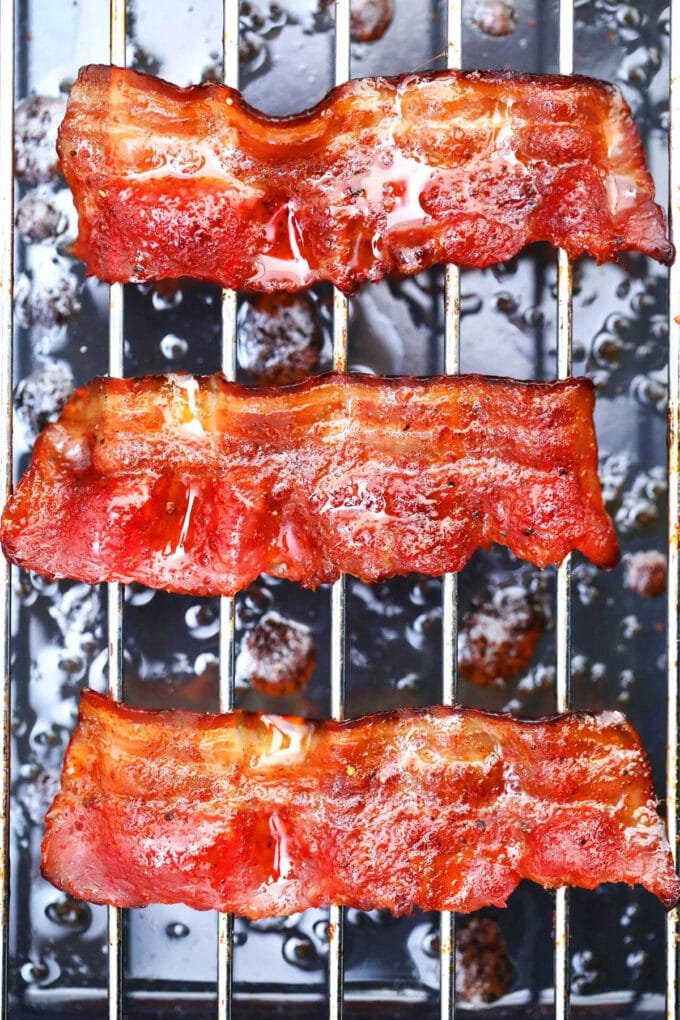 Photo of baked candied bacon.