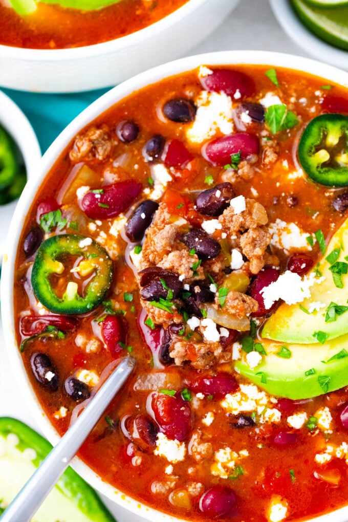 Overhead shot of a bowl of Instant Pot taco soup.